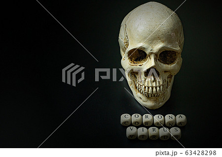 The corona virus  wooden cube and skull  on black background for medical content. 63428298
