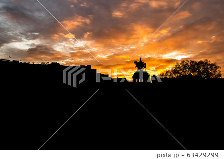 Colorful Sunrise burning sky Koblenz City historic monument German Corner where river rhine and mosele flow together 63429299