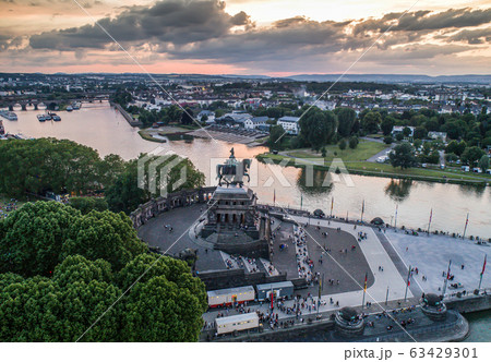 Sunset in Koblenz City Germany historic monument German Corner where the rivers rhine and mosele flow together 63429301