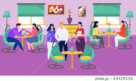 People in restaurant or cafe drinking coffee at table, meeting and talking cartoon vector illustration. People in restaurant or cafe drinking coffee at table, meeting and talking cartoon vector illustration. 63429339