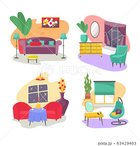 Living room furniture interior set with four isolated pictures of modern home vector illustration. 63429403