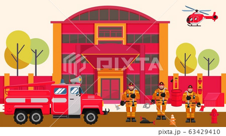 Fire station vector illustration. Firefighters men, fire truck engine in front of rescue service building, helicopter. Fire station vector illustration. Firefighters men, fire truck engine in front of rescue service building, helicopter. 63429410