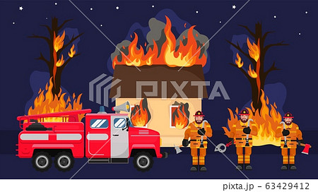 Firefighters in front burning house in flame next to fire truck vector illustration. Rescue man, emergency equipment. 63429412