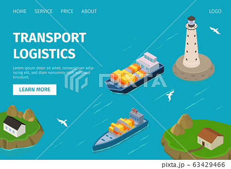 Water freight transport logistics vector illustration website, container ships in port. 63429466