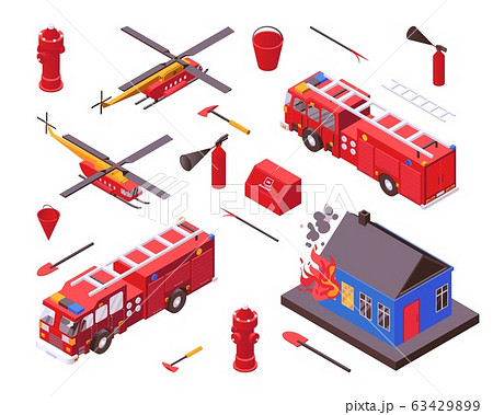 Isometric fire safety, firefighter equipment vector illustration, gear of fire station department set isolated on white Isometric fire safety, firefighter equipment vector illustration, gear of fire station department set isolated on white 63429899