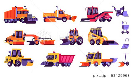 Snow plow truck vector illustration, cartoon snowplow truck cleaning road by snowfall, winter vehicle equipment isolated icon set 63429963