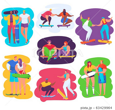 Skateboard people vector illustrations, teen characters skateboarding together, sport activity icon set 63429964
