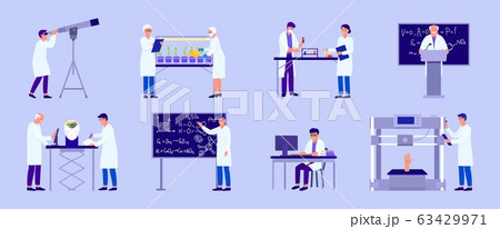 Scientist in lab research vector illustration, cartoon people making experiment test in science laboratory isolated set Scientist in lab research vector illustration, cartoon people making experiment test in science laboratory isolated set 63429971