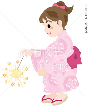 線香花火をする浴衣姿の女の子のイラスト素材