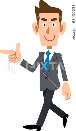 歩きながら進行方向を指をさすビジネスマンのイラスト素材