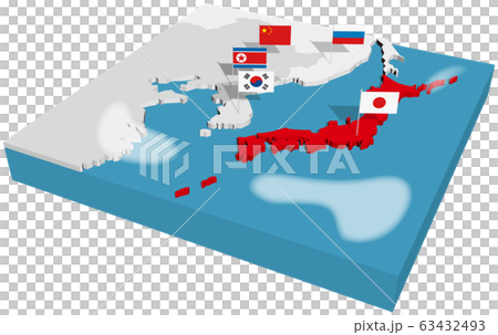 ベクターイラスト デザイン 立体地図 東アジア 日本 ロシア 中国 北朝鮮 韓国 背景透明のイラスト素材