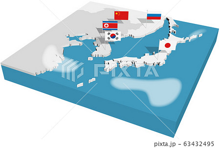 ベクターイラスト デザイン 立体地図 東アジア 日本 ロシア 中国 北朝鮮 韓国 背景透明のイラスト素材