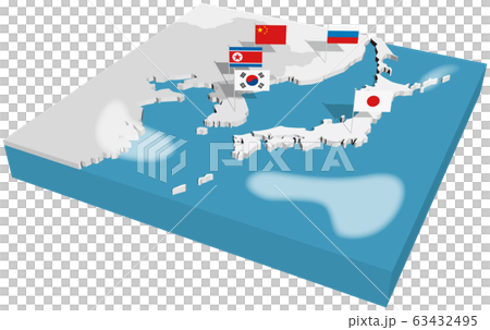 ベクターイラスト デザイン 立体地図 東アジア 日本 ロシア 中国 北朝鮮 韓国 背景透明のイラスト素材