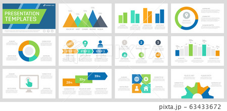 Set of blue, green, turquoise and orange elements for multipurpose presentation template slides with graphs and charts. 63433672