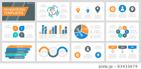Set of grey, orange, blue and turquoise elements for multipurpose presentation template slides with graphs and charts. 63433674