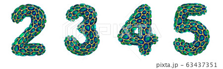 Number set 2, 3, 4, 5 made of realistic 3d render golden shining metallic. Collection of gold shining metallic with green color glass symbol 63437351