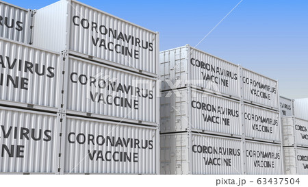 Many cargo containers with coronavirus vaccine. 3D rendering Many cargo containers with coronavirus vaccine. 3D rendering 63437504
