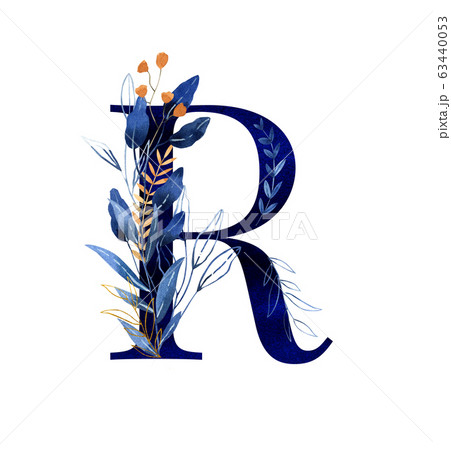 Watercolor letter r - hand painted floral monogram, logo in deep blue shades 63440053
