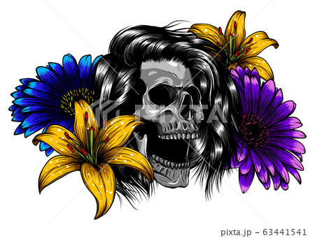 Vector illustration of skull with flowers isolated on white background. Vector illustration of skull with flowers isolated on white background. 63441541