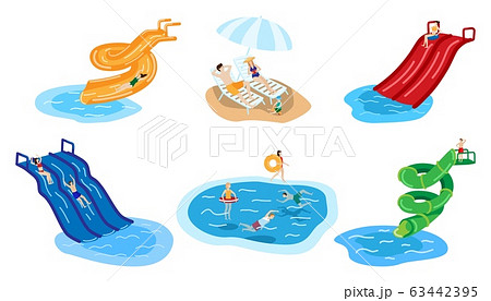 Water park with people in aqua summer hand drawn character vector illustration isolated on white. 63442395