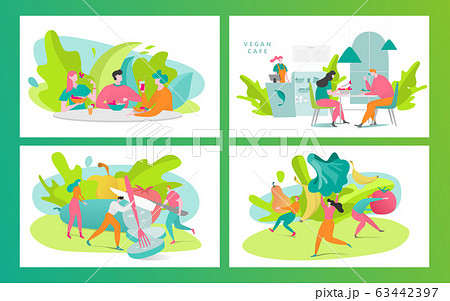 Healthy organic vegan cafe on hand drawn vegetarian health vector illustration. Tiny people cooking. 63442397