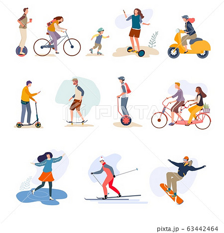 Men, women, child riding outdoor on character hand drawn vector illustration isolated on white. People ride on bikes. 63442464