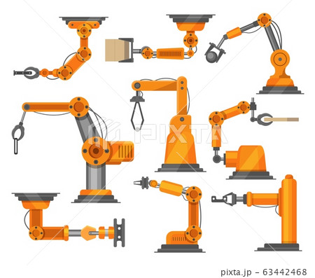 Industrial robots manipulators collection vector robotic illustration isolated on white. Robotized arm technology. Industrial robots manipulators collection vector robotic illustration isolated on white. Robotized arm technology. 63442468