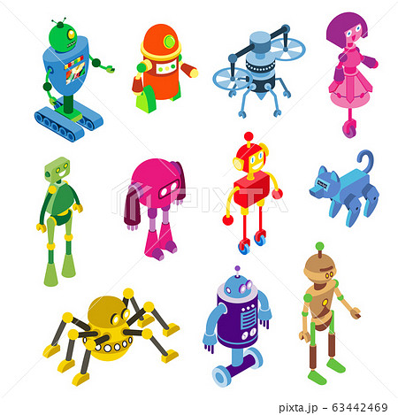 Robots collection on vector robotic characters illustration isolated on white. Robotized toys in isometric machine style Robots collection on vector robotic characters illustration isolated on white. Robotized toys in isometric machine style 63442469