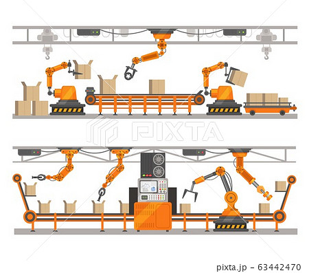 Robotic arm factory vector illustration, robot technology of production assembly on conveyor belt. Robotics concept. Robotic arm factory vector illustration, robot technology of production assembly on conveyor belt. Robotics concept. 63442470