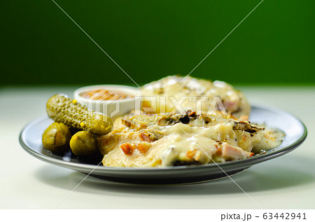 Chicken breast with sliced mushrooms, ham, in Chicken breast with sliced mushrooms, ham, in 63442941