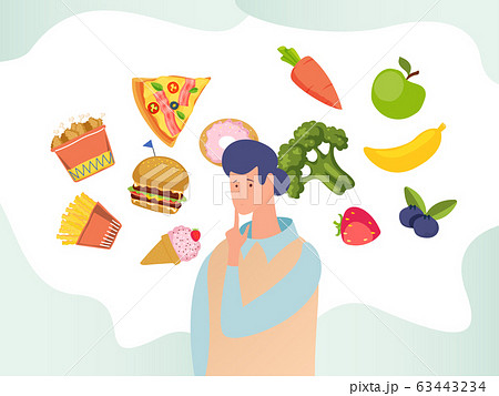 Cartoon young man making choice between healthy and unhealthy food flat design, vector illustration. Nutrition concept Cartoon young man making choice between healthy and unhealthy food flat design, vector illustration. Nutrition concept 63443234