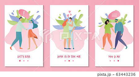 Happy young couple in love on greeting cards, vector illustration. Love concept with two young man and woman posing together Happy young couple in love on greeting cards, vector illustration. Love concept with two young man and woman posing together 63443236