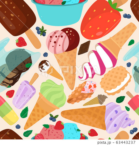 Seamless pattern of colorful types of ice cream, vector illustration of refreshing and delicious summer food. Nutrition concept 63443237
