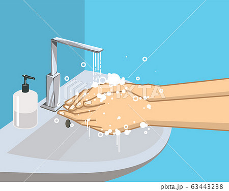 Washing hands with soap under the faucet with Washing hands with soap under the faucet with 63443238