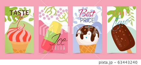 Ice cream card colectionisolated on pink, vector illustration. Tasty summmer desserts on banners, isometric drawings Ice cream card colectionisolated on pink, vector illustration. Tasty summmer desserts on banners, isometric drawings 63443240