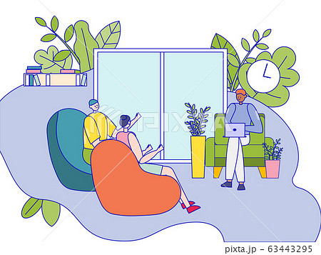 Family couple characters working on their problem with psychologist, vector illustration, line drawing. Doctor giving consultation to people. 63443295