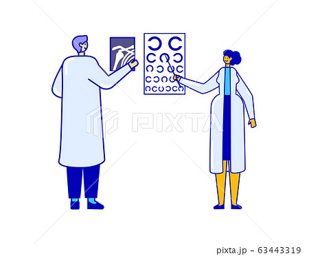 Traumatologist with x-ray and ophthalmologist with eye test showing people problems isolated on white, vector illustration Traumatologist with x-ray and ophthalmologist with eye test showing people problems isolated on white, vector illustration 63443319