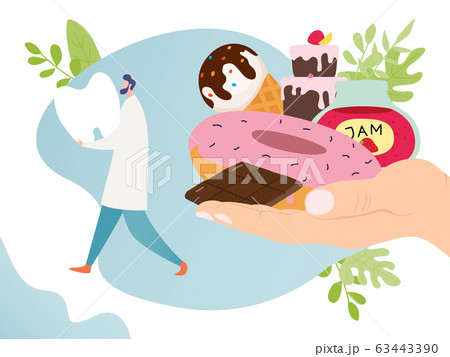 Doctor dentist saving tooth from sugar and sweets, vector illustration. Flat design of tooth care concept over white and blue background 63443390
