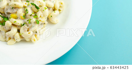 Cooked pasta with flaked tuna and sweetcorn in 63443425