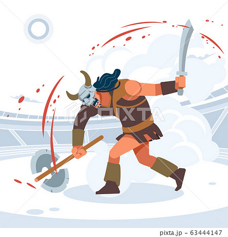 Blood and sand, the battle of the titans. A huge aggressive Gladiator attacks. Vector isolated illustration. Flat cartoon style 63444147