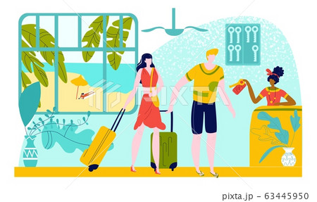 Hot tour travel for vacation holiday at summer, young couple man and woman at sea beach hotel counter taking key, tourism flat vector illustration. 63445950