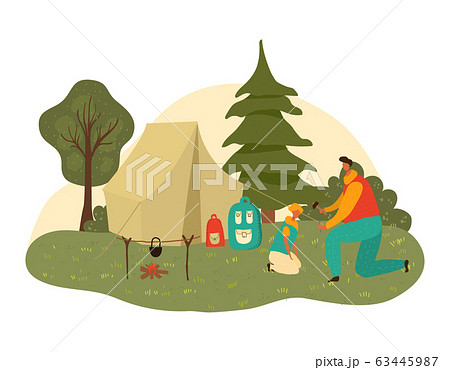 Father dad and child son hiking together at nature park in summer, fatherhood isolated vector illustration. 63445987