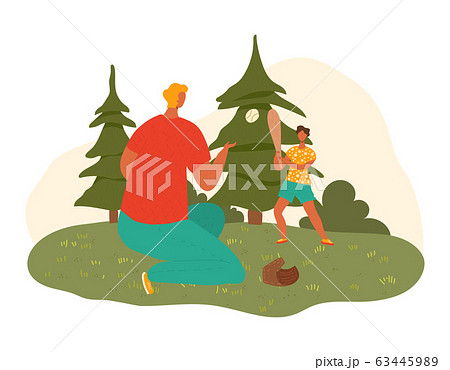 Happy father dad and child son playing together rugby at nature park in summer, fatherhood isolated vector illustration. 63445989
