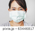 Asian woman was cold and sick, she wear green mask to prevent the virus covid. How to wear and pull mask from face. Covid 19 spread from Chinese people in Wuhan city. Close up face and eyes. 63446817