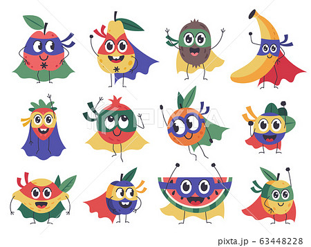 Superhero fruit. Cute, funny superhero fruits characters, brave banana, strawberry and lemon mascots in cloak costume isolated vector icons set 63448228