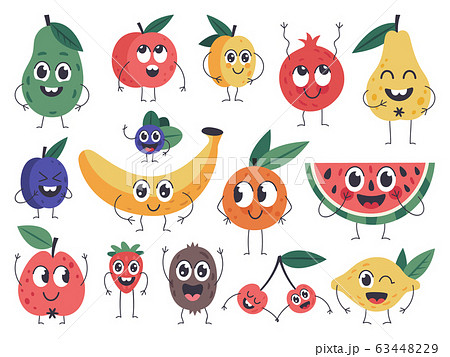 Fruit character. Doodle vegetarian food mascots, happy fruits comic emotions, cute apple, banana and funny avocado isolated vector icons set 63448229