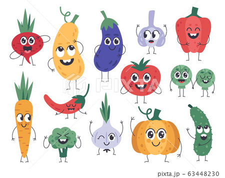 Vegetable mascots. Happy carrot, cute cucumber and pumpkin characters, funny vegetarian food mascot, comic veggies emotions vector icons set 63448230