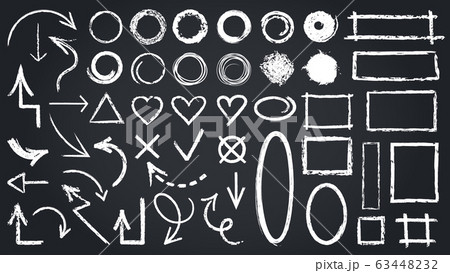 Sketch chalk elements. Sketch chalkboard elements, hand drawn graphic arrows, frames, round and rectangle shapes isolated vector icons set Sketch chalk elements. Sketch chalkboard elements, hand drawn graphic arrows, frames, round and rectangle shapes isolated vector icons set 63448232