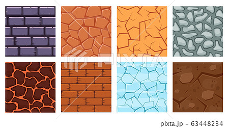 Cartoon game ground. Texture game brick surface, ice, bricks sandy desert and dirt ground layers for game level design vector illustration set 63448234