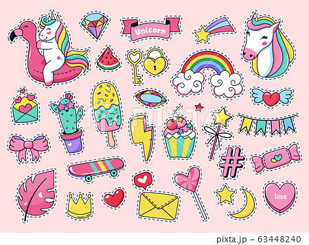 Cute patch badges. Magic fashion doodle patches, fairytale pink rainbow unicorn, ice cream and sweet candy isolated vector illustration icon set Cute patch badges. Magic fashion doodle patches, fairytale pink rainbow unicorn, ice cream and sweet candy isolated vector illustration icon set 63448240
